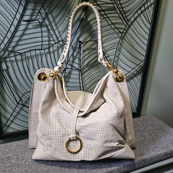 BCBGMaxAzria Cream Buttery Soft Perforated Leather Shoulder Bag, Gold Hardware - Picture 1 of 16